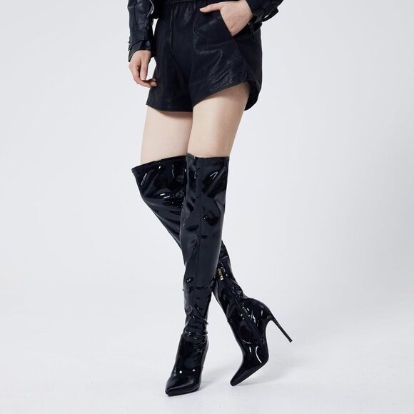 Women Black Patent Suede Pointed Toe 4.3 inch Stilettos Thigh High Heels Boots - Picture 8 of 8